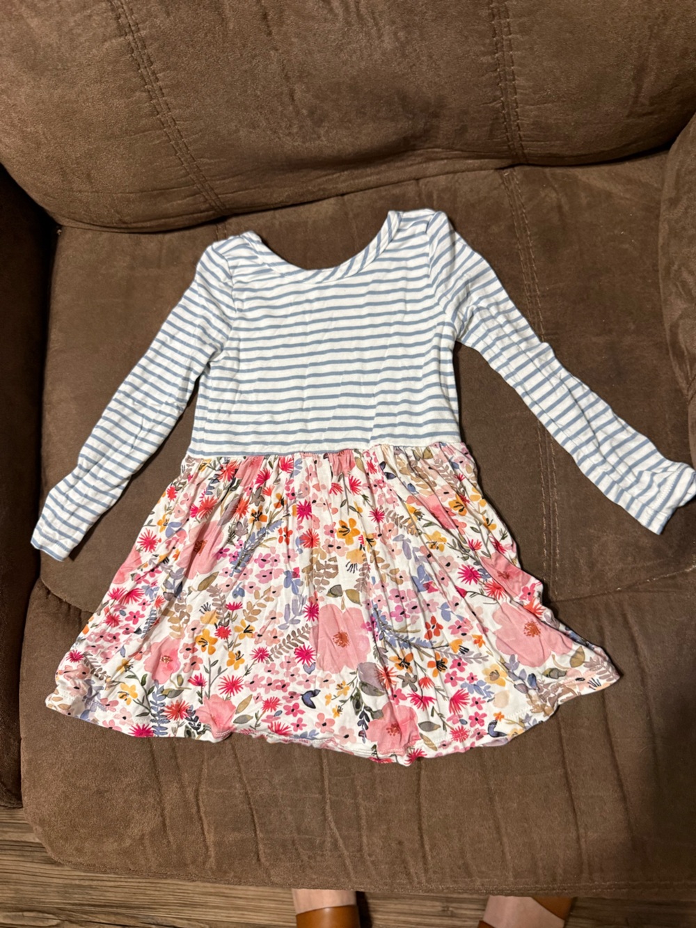 Girls Blue Stripe and Pink Floral Long-Sleeve Dress